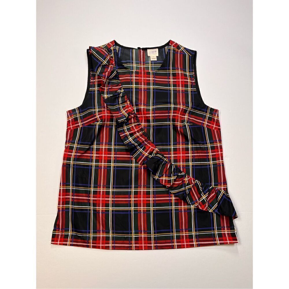 J. Crew Black Red Tartan Plaid Ruffle Sleeveless Holiday Top Womens Size 4 EUC